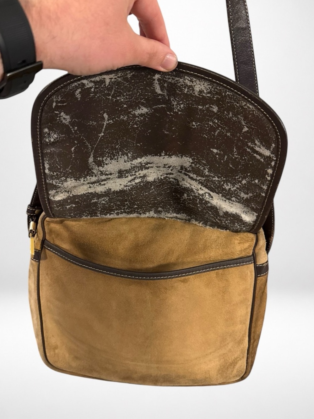 SOLD Loewe Suede Leather Crossbody Shoulder Bag Brown Anagram Logo Vintage - Picture 7 of 13